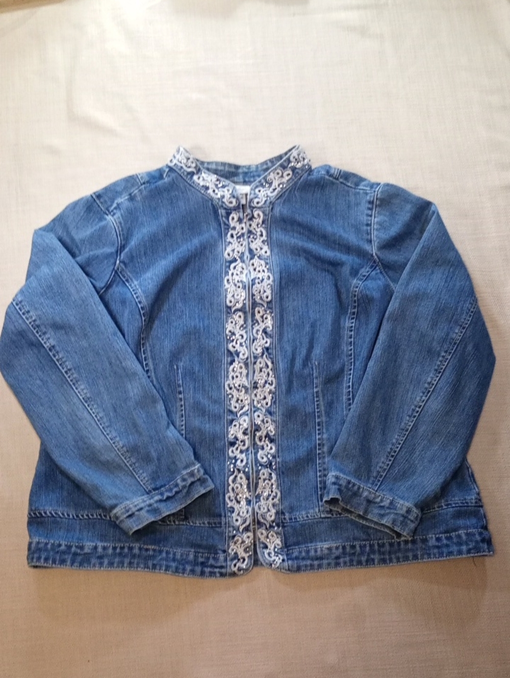 dressbarn Blue Denim Jacket with White Embroidered Trim